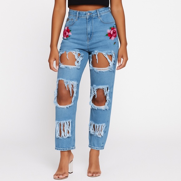 High-Waisted Distressed Rose Patch Jeans for Women – Trendy Shredded Denim - Picture 6 of 8